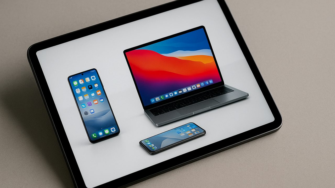 Celular HONOR mostrando integração com iPhone, iPad e Mac na tela