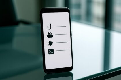 Ilustração de ameaças cibernéticas com ícones de phishing, Android, Linux e GitHub